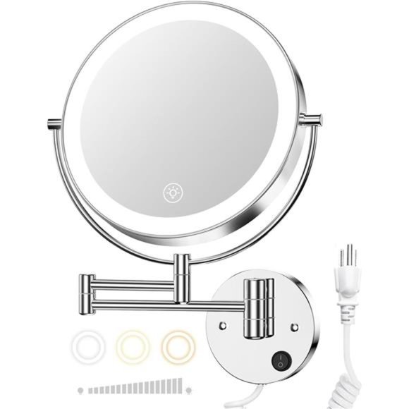 9”Wall Mounted Lighted Makeup Vanity Mirror with 3Color Lights& Stepless Dimming